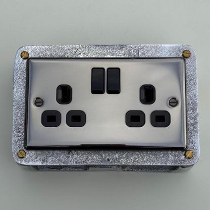 Black Nickel Double Switched 13A Power Socket 230V 13A 2 Gang 2G Solid Cast Metal Conduit Switch Industrial