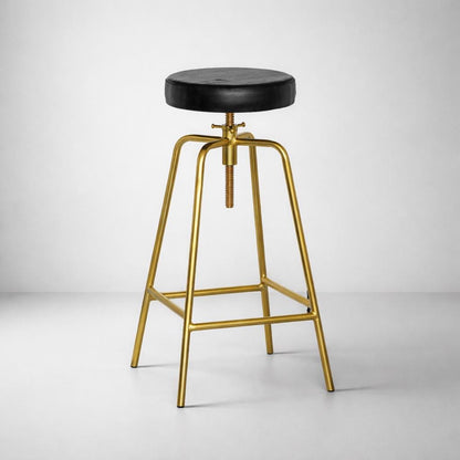 Brass Bar Adjustable Stool Black Leather Top Seat | Vintage Industrial Style