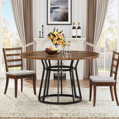 Round Modern Walnut Dining Table - Architectural Pedestal Base & Parquet Top